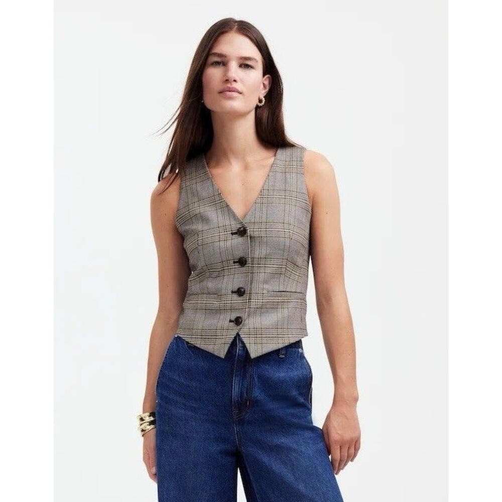 Madewell Women’s Waisted Vest in Yarn-Dye Plaid V-Neck Button-Front Lined 8